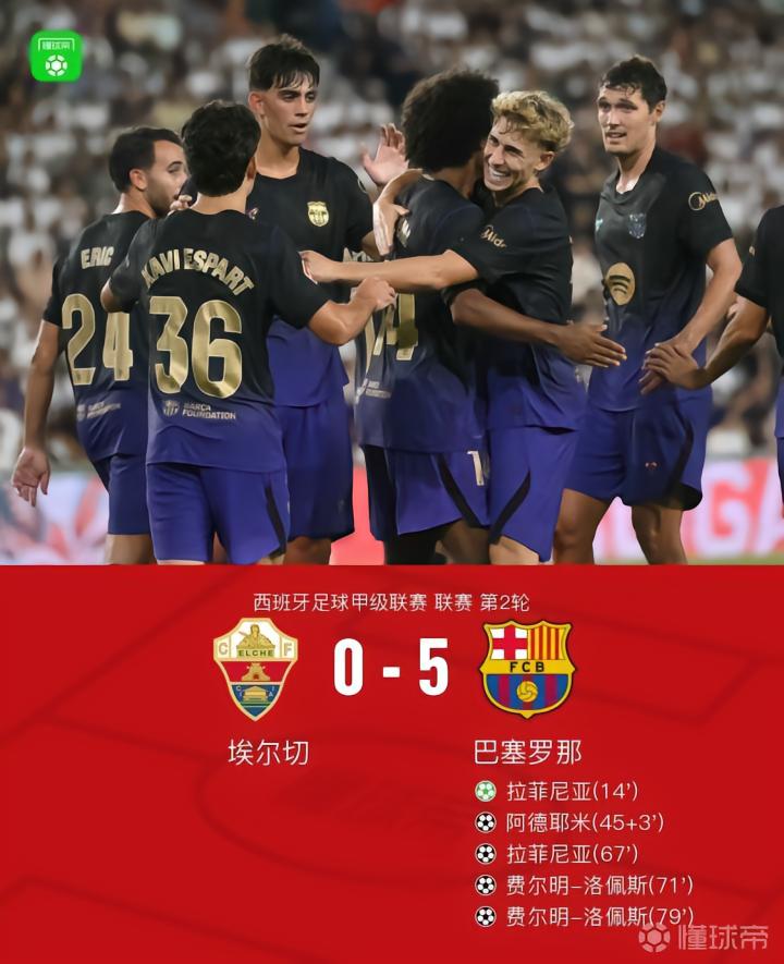 巴萨5-0埃尔切,戈登双助攻,拉菲尼亚、费尔明双响,阿德耶米建功