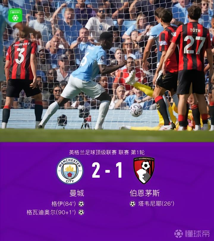 曼城2-1伯恩茅斯,格瓦迪奥尔绝杀,格伊头球扳平+失空门